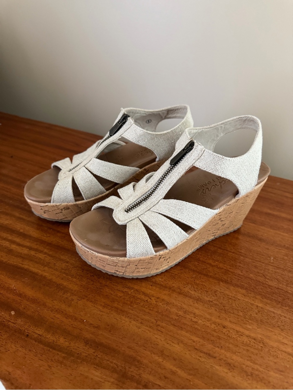 Wedge Sandals in Light Beige with Front Zipper